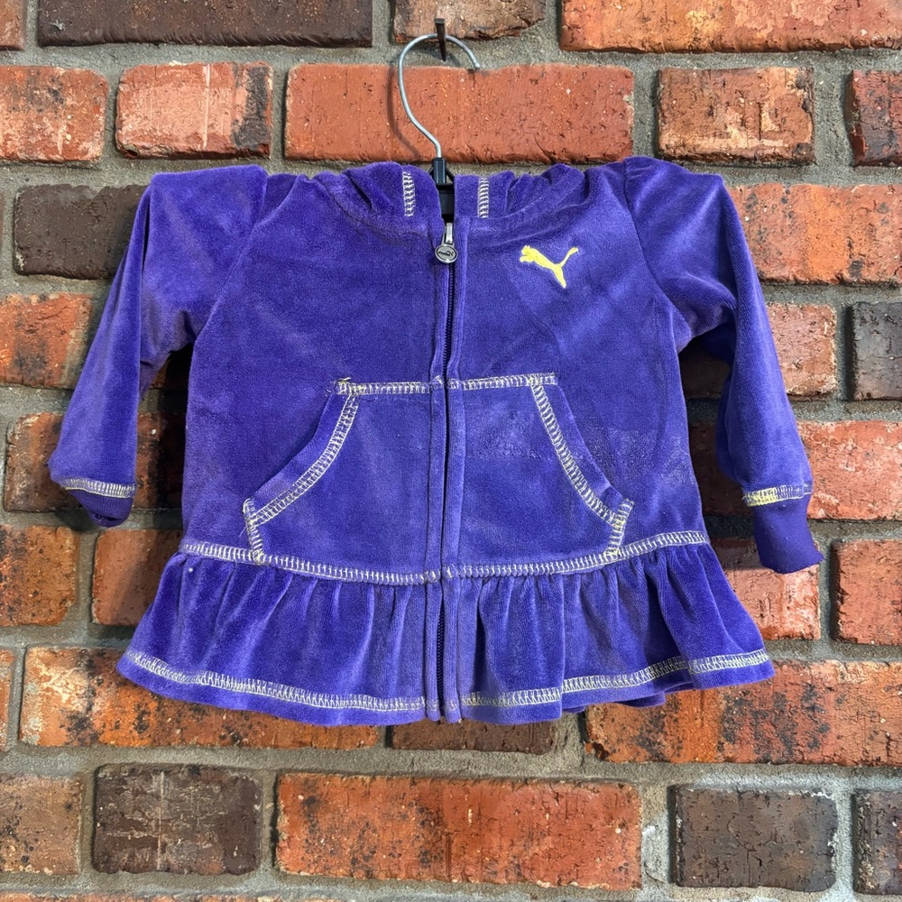 Puma baby girls velour ruffle hem zip up hoodie jacket purple 12M